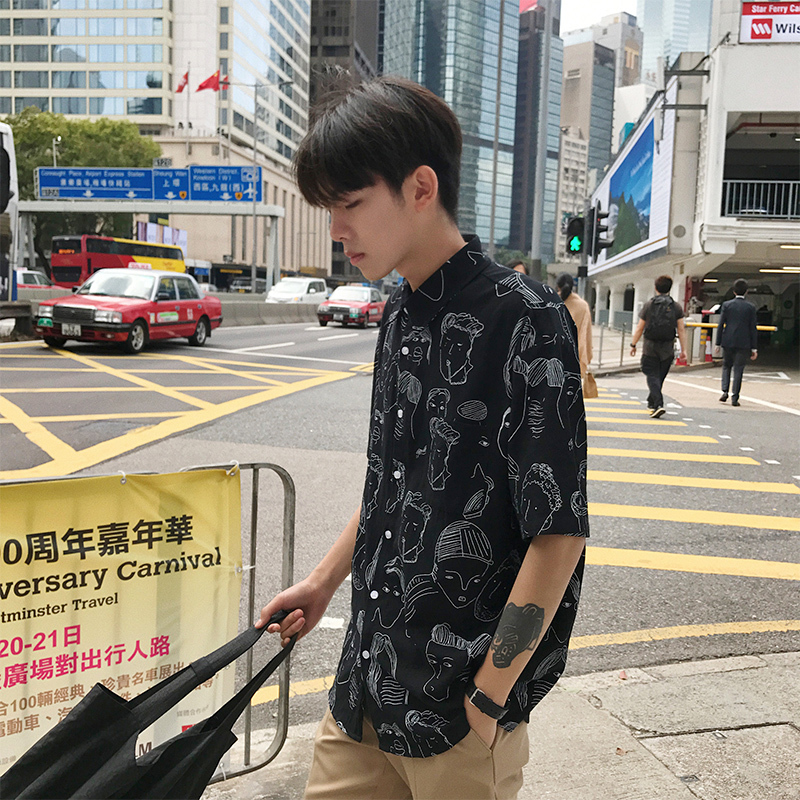 帅气港风休闲印花衬衫男个性百搭薄夏季年轻男士帅气衬衣学生简约