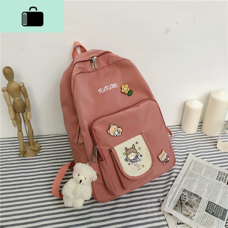 书包女韩版高中初中生中学生少女可爱森系小清新校园双肩包背包潮NEW LAKE 砖红色（徽章+小熊）