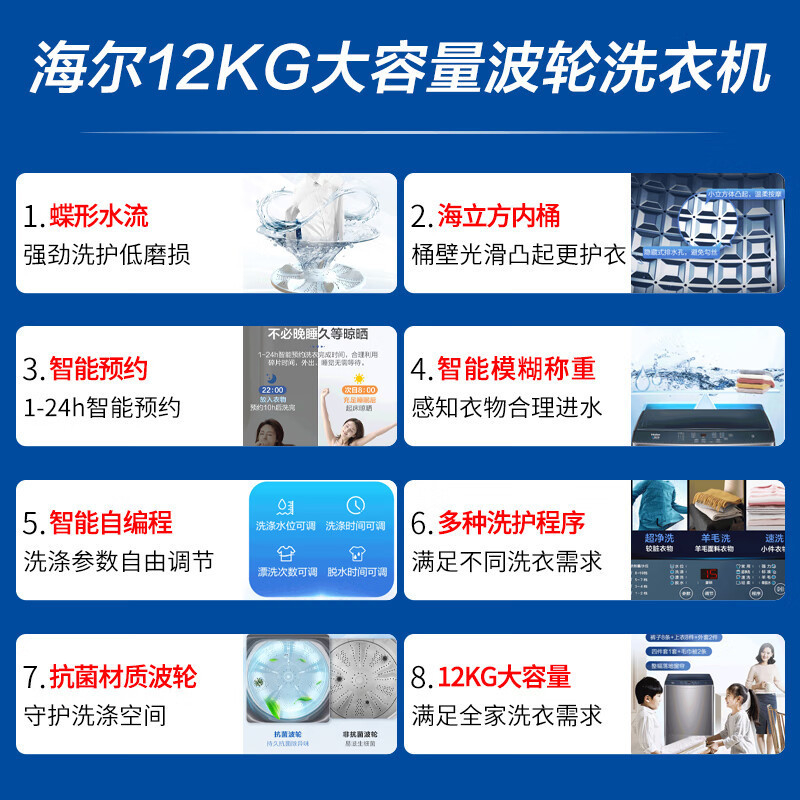 海尔(Haier)波轮洗衣机全自动家用12KG大容量二级能效 智能预约直驱变频自编程漂甩合一 XQB120-Z5088高清大图