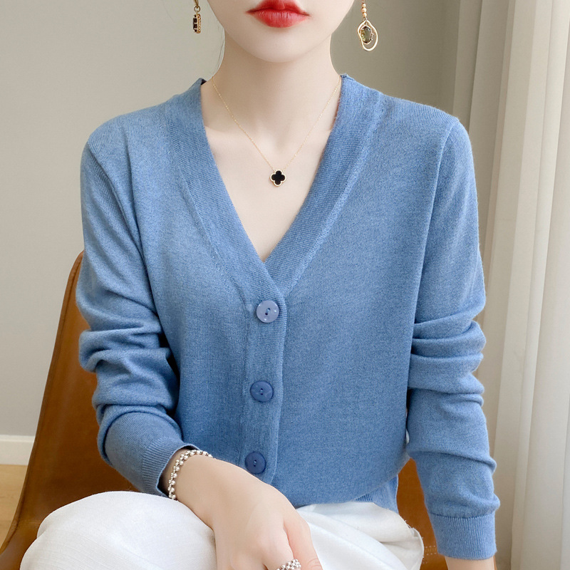 亮丝长袖针织开衫女短外套v领薄款毛衣春秋宽松百搭洋气上衣毛衫高清大图