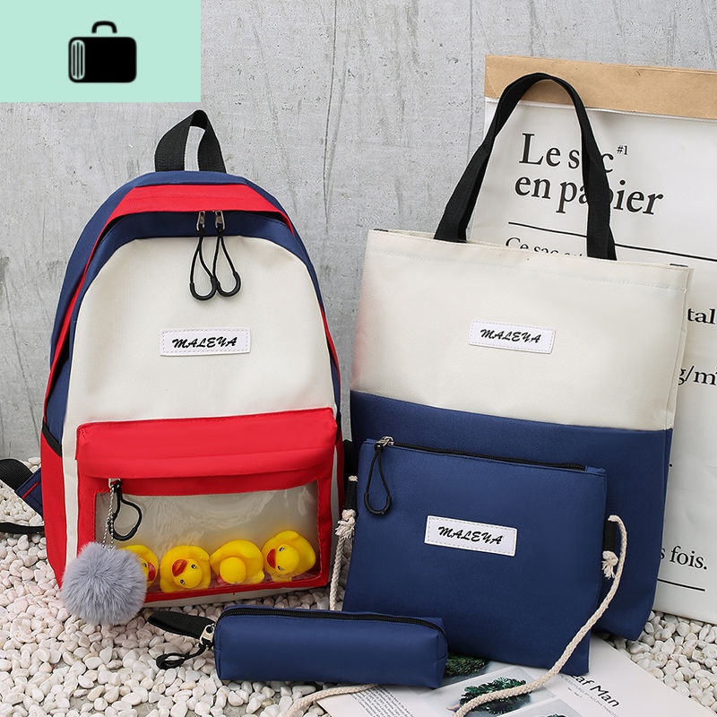帆布书包女学生韩版ins超火高中初中双肩包女2019新款网红小背包NEW LAKE 红蓝白组合四件套【送四只小鸭子+毛球】