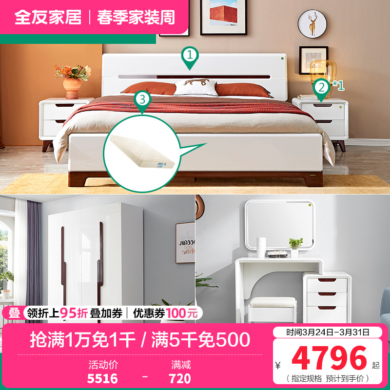 全友家居 现代简约卧室家具套装 双人床衣柜梳妆台凳 1.5米床+床头柜*1+105001床垫+四门衣柜+梳妆台凳