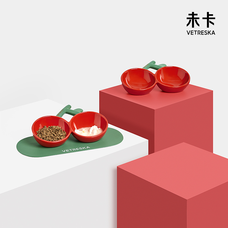 未卡Vetreska樱桃陶瓷碗双碗宠物猫碗护颈椎食盆防滑防打翻喝水碗餐垫猫咪用品 宠物日用宠物喂养用品