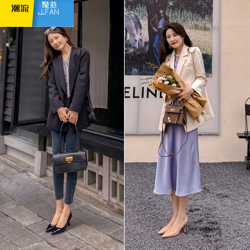 聚范裸色高跟鞋女细跟2024新款漆皮尖头单鞋配裙子职业工作鞋单鞋高清大图