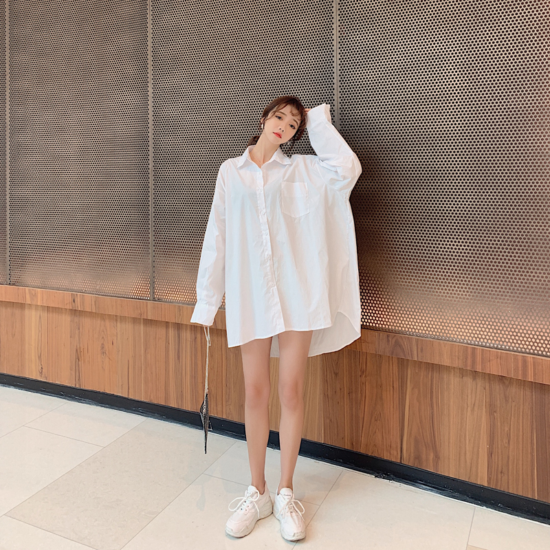 艳如飞春秋新款韩版白衬衣港味男友风bf长袖宽松下衣失踪中长款衬衫女
