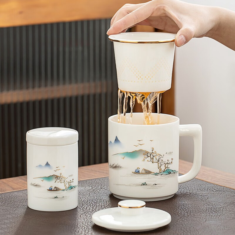 金镶玉 山水情缘羊脂玉瓷茶杯 描金家用办公陶瓷白瓷带把手带过滤茶水分离杯功夫茶具高清大图