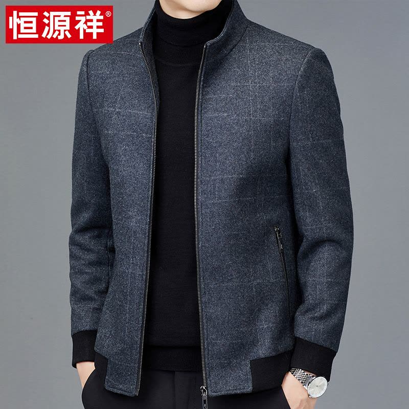 恒源祥秋冬新款男士外套中老年爸爸装羊毛呢子保暖厚款立领棉夹克图片