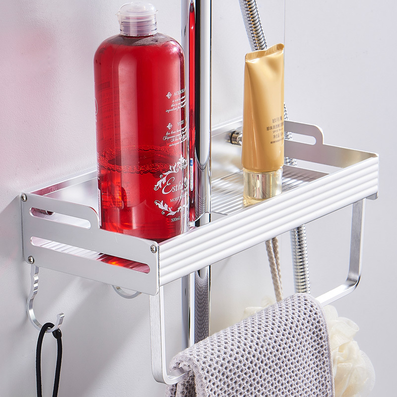 太空铝洗澡闪电客卫生间浴室花洒置物架托盘免打孔淋浴升降杆支架收纳