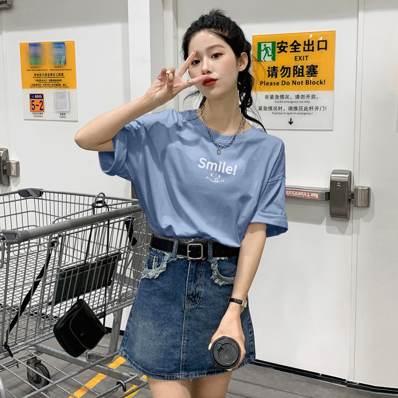 唐狮短袖t恤女夏季韩版宽松韩版宽松圆领前胸字母