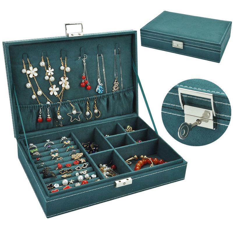 风复古女饰品盒子带锁多功能戒指耳钉手镯收纳盒单层款墨绿>800_800