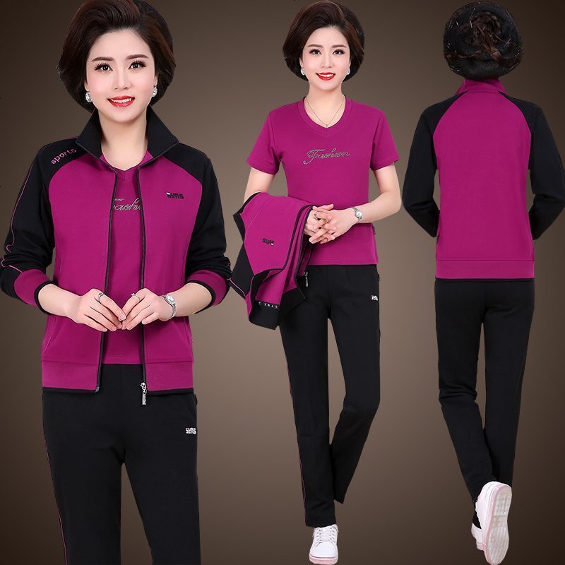 锋非凡 品牌妈妈运动套装女春秋中老年运动套装女三件套大码运动服装