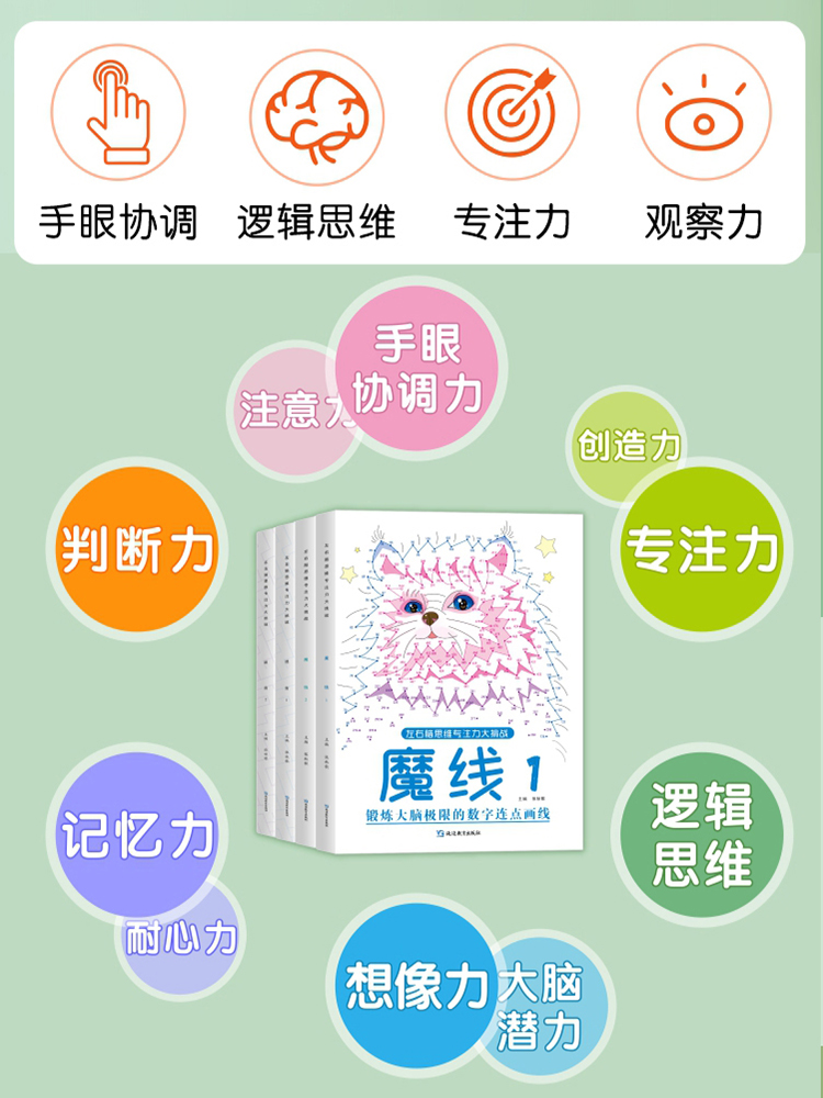 (魔线+迷宫)全套4本 [正版]魔线迷宫左右脑思维专注力训练大挑战迷宫1/2魔线1/2适合3-10岁儿童魔线数字连线益智高清大图