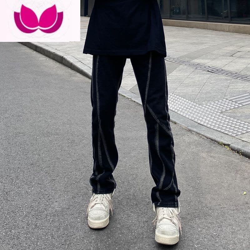 七斓欧美vibe风复古拼接牛仔裤男高街直筒宽松设计感小众潮牌炸街裤子图片