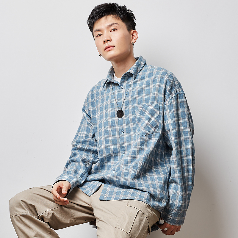 200元3件还可叠券唐狮格子衬衫男长袖韩版潮流帅气格子衫休闲百搭宽松