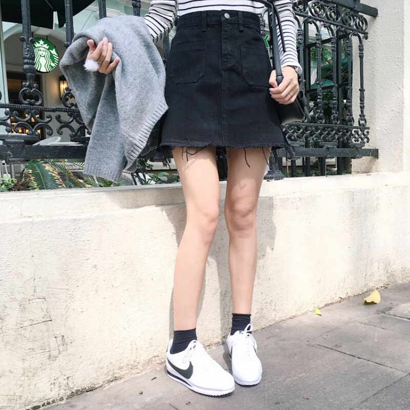 春装女装韩版个性毛边短款A字裙高腰牛仔半身裙短裙显瘦百搭学生黑色