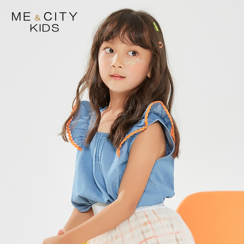 [1件3折价:49.5]米喜迪mecity童装夏女童天丝牛仔小飞袖刺绣短袖衬衫