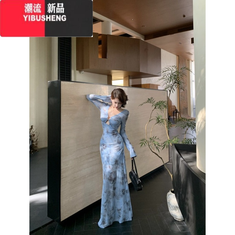 YIBUSHENG蓝色扎染印花长袖连衣裙女装季辣妹v领长裙显身材收腰鱼尾裙子
