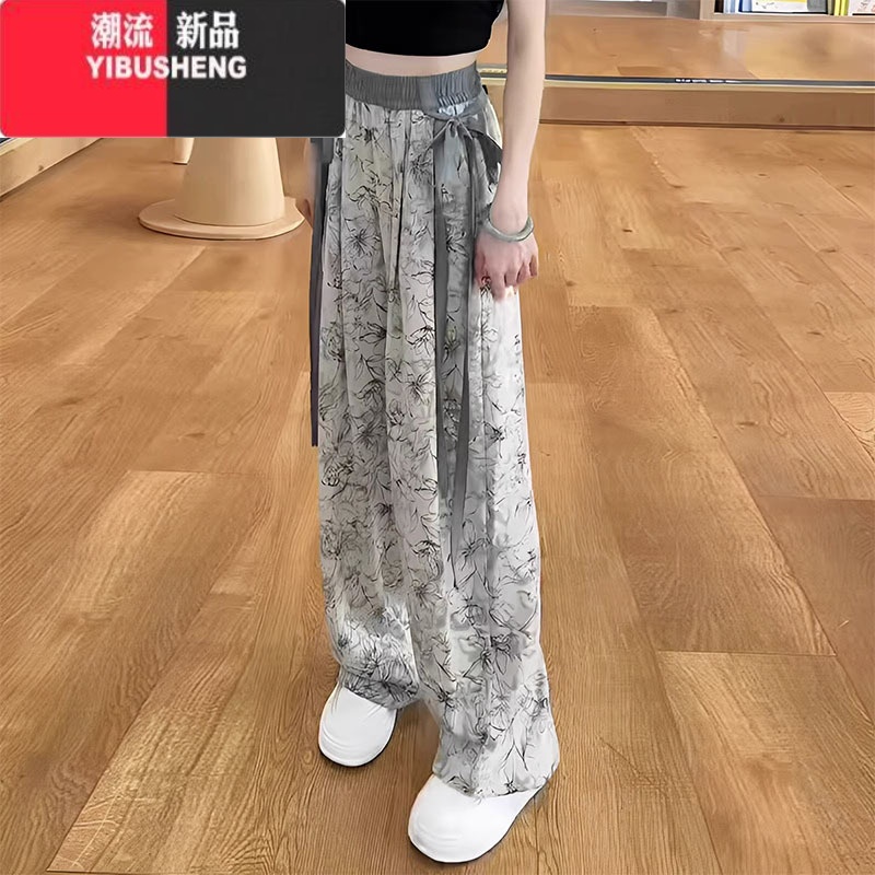 YIBUSHENG新中式国风冰丝雪纺阔腿裤女季薄款水墨画大码休闲裤垂感碎花裤 水墨晚杏 XL推荐115-130斤