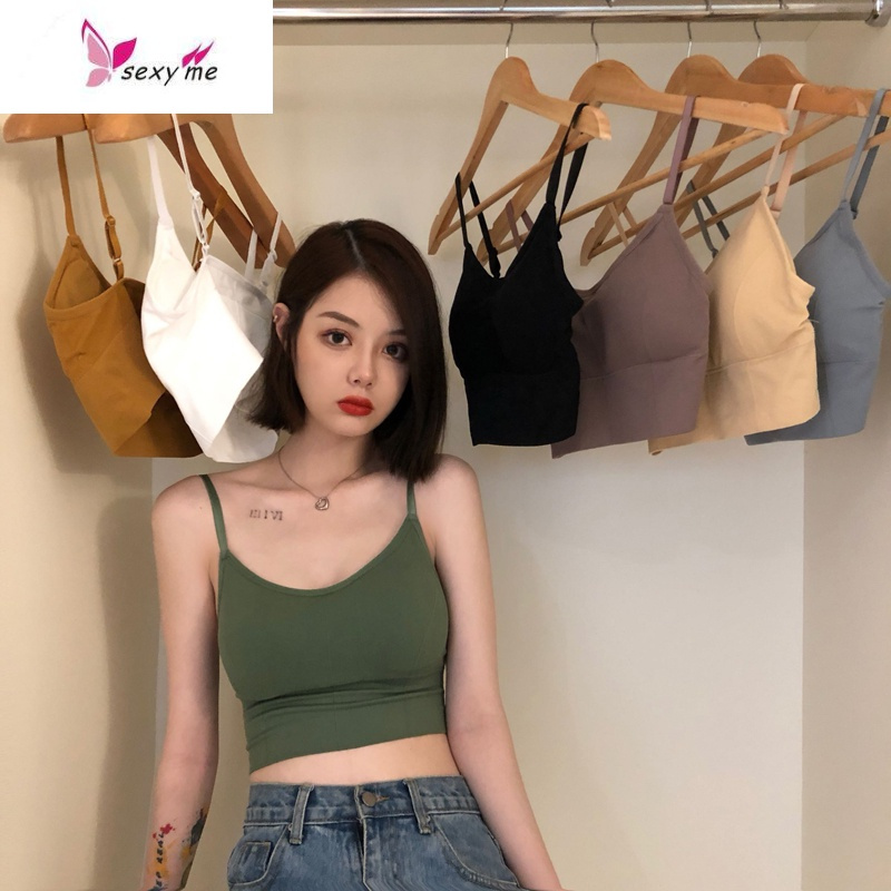 春装韩版学生弹力叠穿含胸垫内搭裹胸抹胸螺纹细肩带少女美背内衣fish