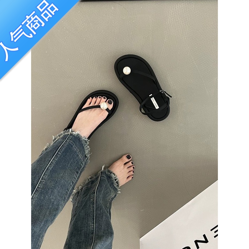 SUNTEK外穿法式凉鞋厚底夹趾罗马鞋女2023夏季新款珍珠温柔仙女风沙滩趾高清大图