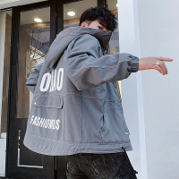 UYUK2018冬季加厚夹克男连帽宽松版男士加绒外套带帽衫韩版字母印花插肩袖青少年冬装