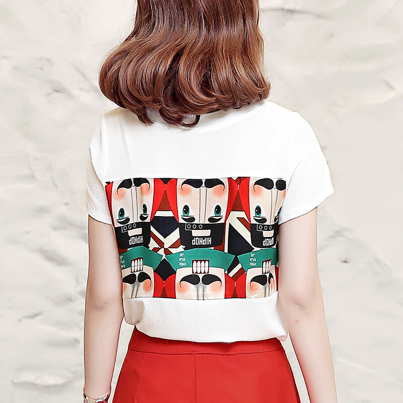 2018夏季新款印花短袖t恤女夏宽松体恤潮流半袖雪纺打底小衫上衣拼花