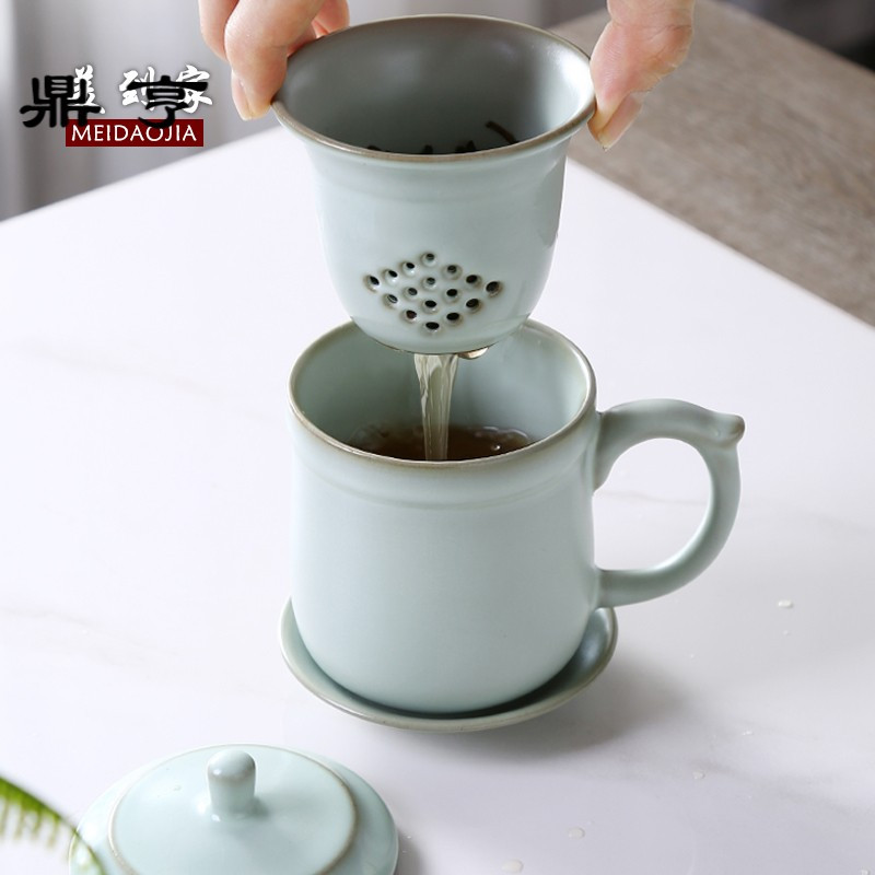 鼎亨汝窑茶杯 带盖过滤茶水分离办公杯陶瓷老板杯办公室喝茶泡茶