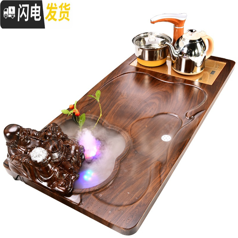 三维工匠全自动现代功夫茶具套装家用简约流水实木茶盘茶台办公室用泡茶 立体貔貅+浮雕冰裂 34件