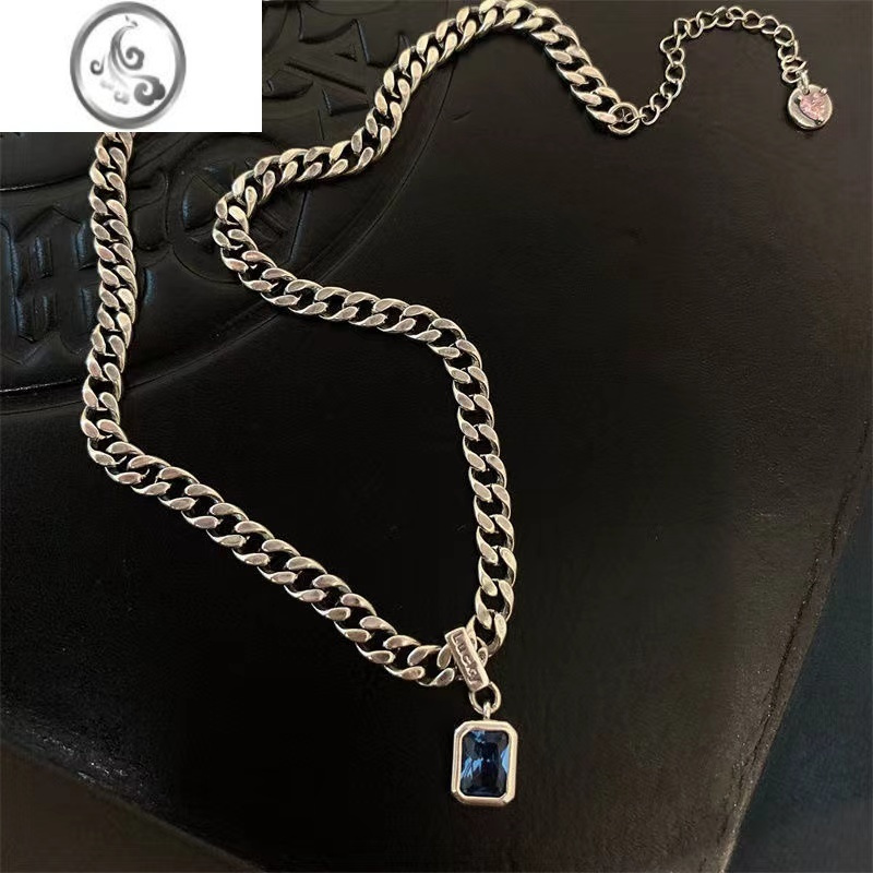 jimi海水蓝宝石粗项链男锆石钛钢毛衣链女复古个性古巴链百搭锁骨链