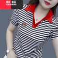 YIBUSHENG翻领POLO衫短袖T恤女装2024季新款韩版时尚正肩洋气减龄L洋尚 M 红领-条纹