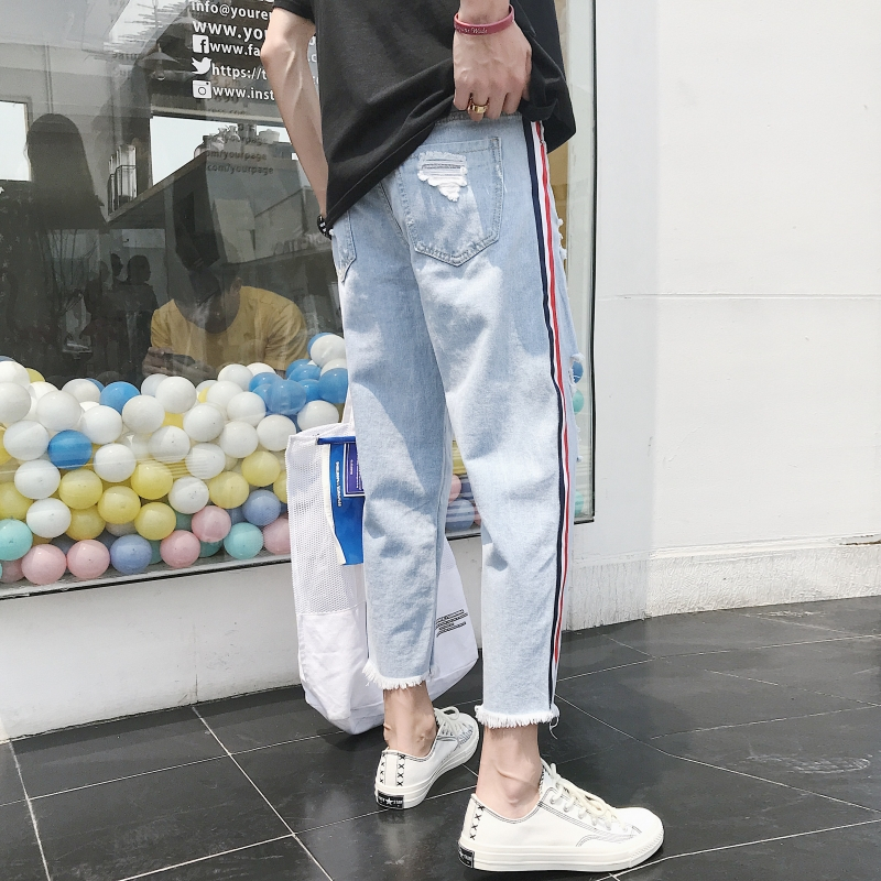 2018夏款港风大破洞九分裤男韩版修身夏款9分乞丐小脚牛仔裤男潮