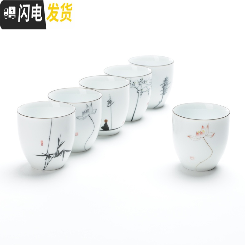 三维工匠手绘茶杯单杯品茗杯大号白瓷薄胎主人杯创意普洱茶杯陶瓷茶具 手绘白瓷高杯——迎春高清大图