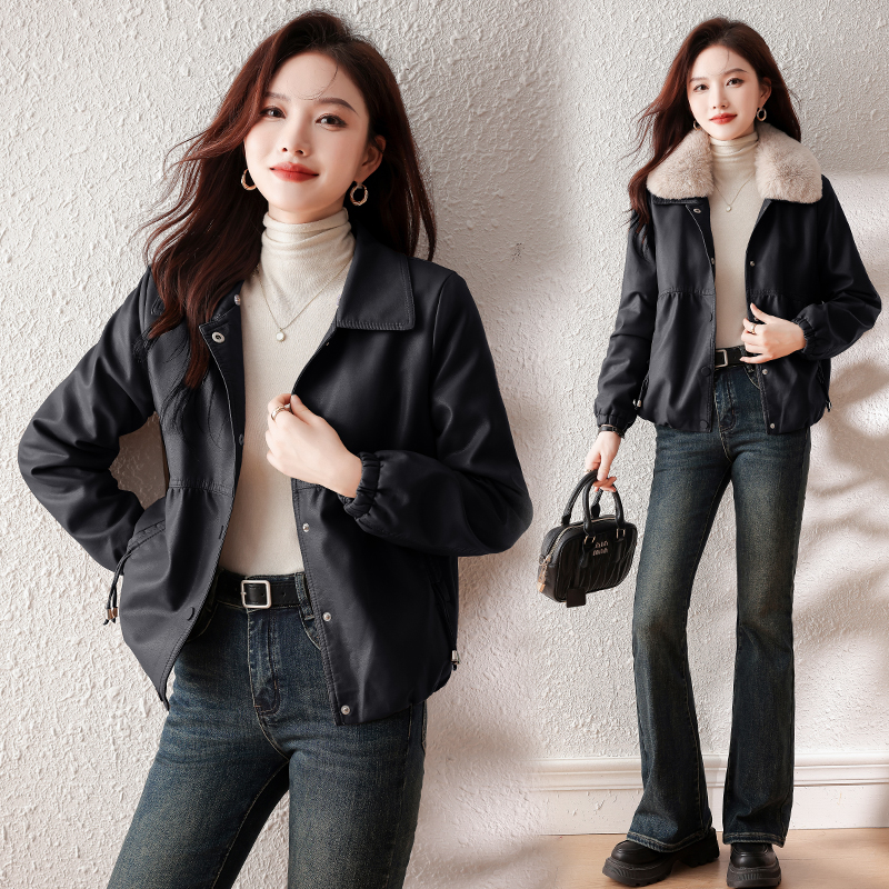 【免费试穿，退换无忧】韩国时尚女装2018新款秋装韩版修身真皮皮衣女短款小香风外套女潮品牌 XL115-125斤 0282833黑色可拆卸毛领