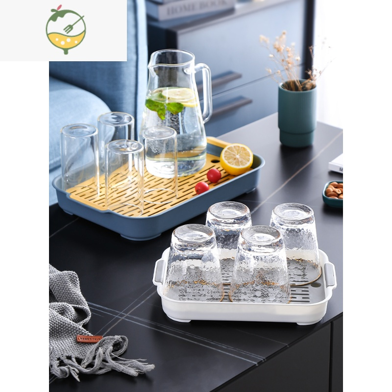 YICHENG水杯子沥水盘家用客厅双层托盘长方形茶盘水果盘塑料创意沥水篮架 小号单层深海蓝