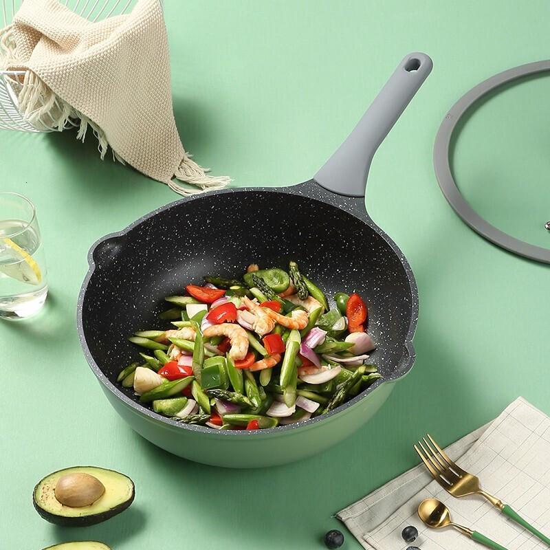 【新品】炊大皇麦饭石色不粘锅无烟炒锅不沾炒菜锅家用锅具燃气电磁炉通用 竹青石炒锅30CM（适合1-3人使用）_969