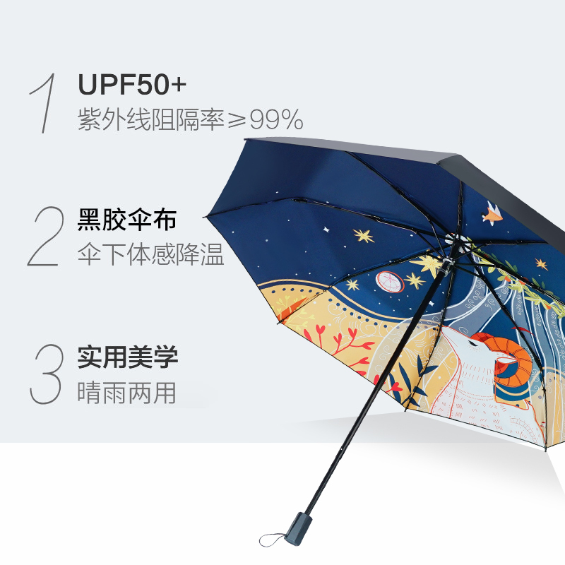 红叶三折仰望星空 遮阳伞三折防晒伞upf50+晴雨两用黑胶防紫外线太阳伞女小黑伞 颜色随机-2626!高清大图