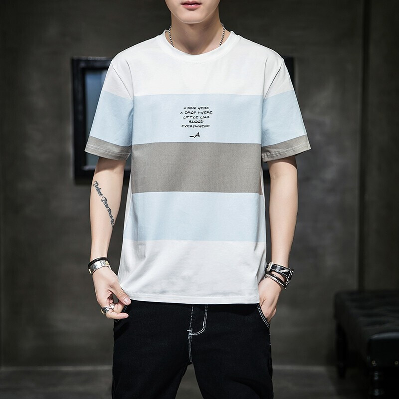 梵克公牛短袖男夏装新款圆领拼接男生潮衣服修身半袖t恤男士舒适透气