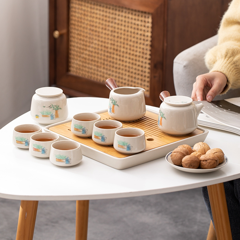 苏氏陶瓷(SUSHI CERAMICS)草木灰釉功夫茶具套装实木手柄双侧把茶壶竹面陶瓷储水茶托礼盒装高清大图