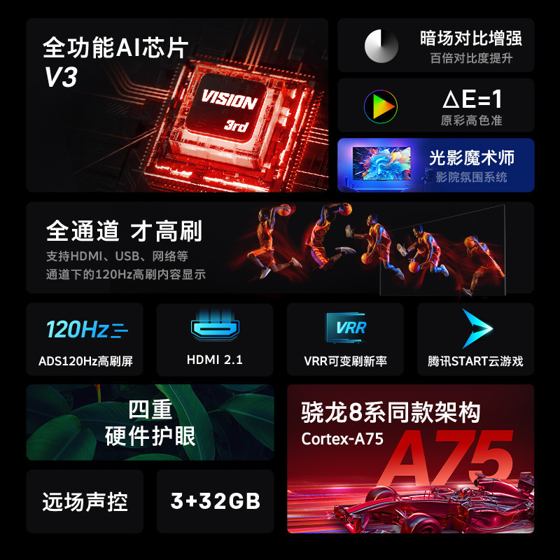 创维电视 2023款 75英寸4K超高清 75A33 全功能AI芯片 120Hz疾速屏 MEMC护眼无屏闪高色准平板电视