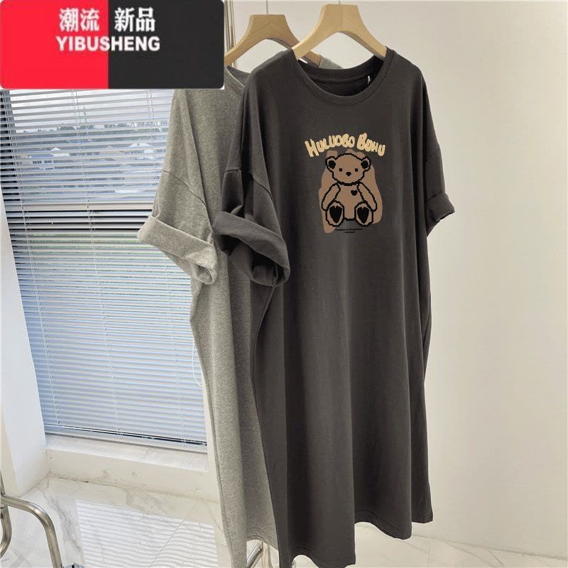 YIBUSHENG短袖t恤裙子女装季衣服胖mm大码遮肚子长裙休闲过膝连衣裙图片