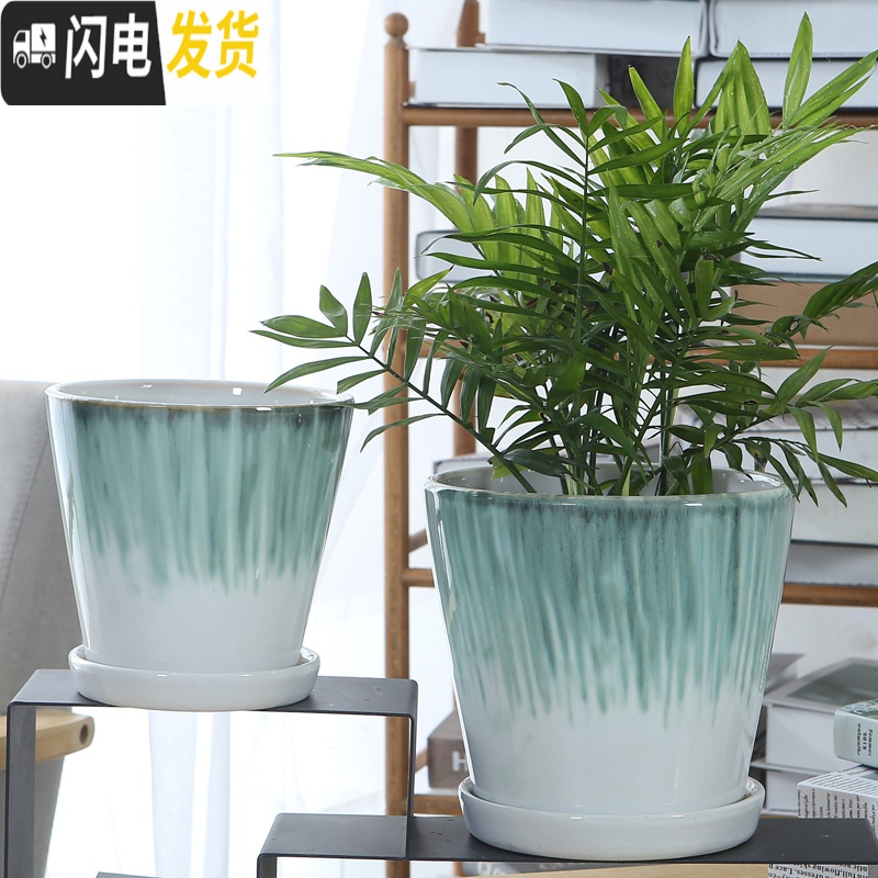 三维工匠陶瓷花盆简约绿萝白色桌面透气花盆带陶瓷托盘 101A珍珠红(配陶瓷托盘) 中等花盆容器高清大图