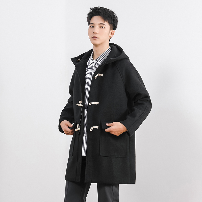 baluoshang秋冬季牛角扣大衣男士中长款风衣日系呢子宽松学院英伦风连