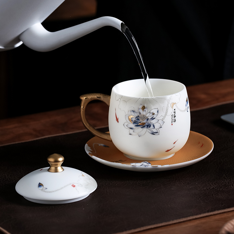 領藝 优选渡景山房羊脂玉描金茶杯德化白瓷素烧白玉瓷马克杯大容量陶瓷办公杯 羊脂玉贵仁杯(妙色清欢)黄金款礼盒装