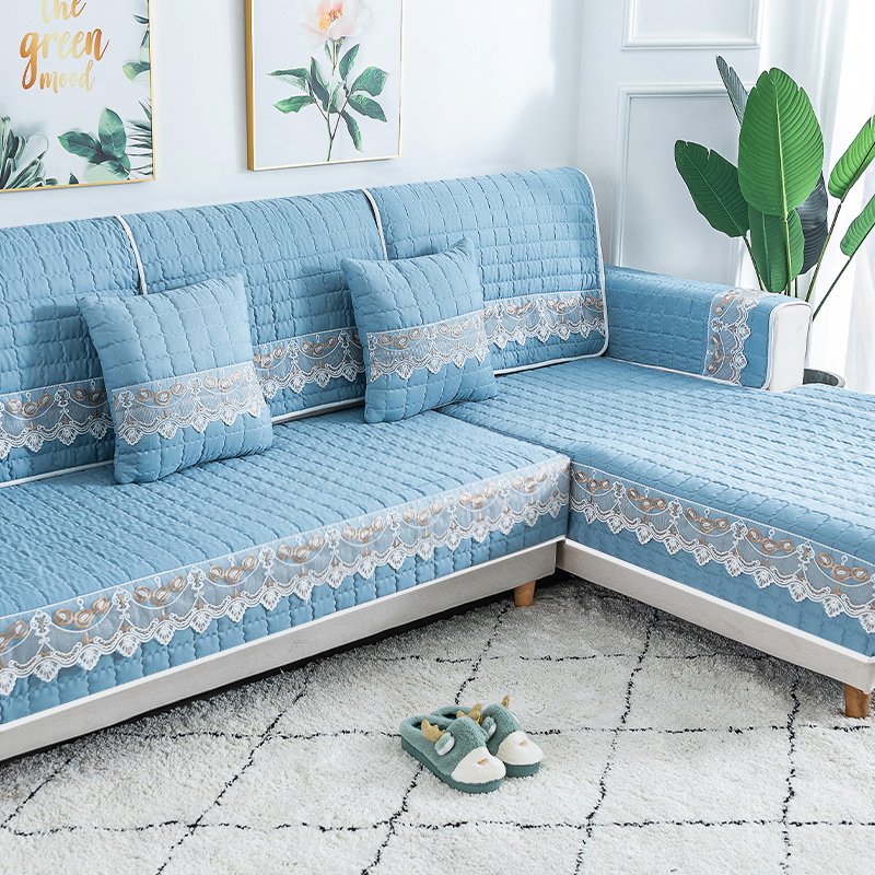 家柏饰(CORATED)四季通用防滑沙发垫坐垫子布艺全包萬能沙发套罩沙发盖布沙发巾 清婉浅蓝灰 90*90cm高清大图