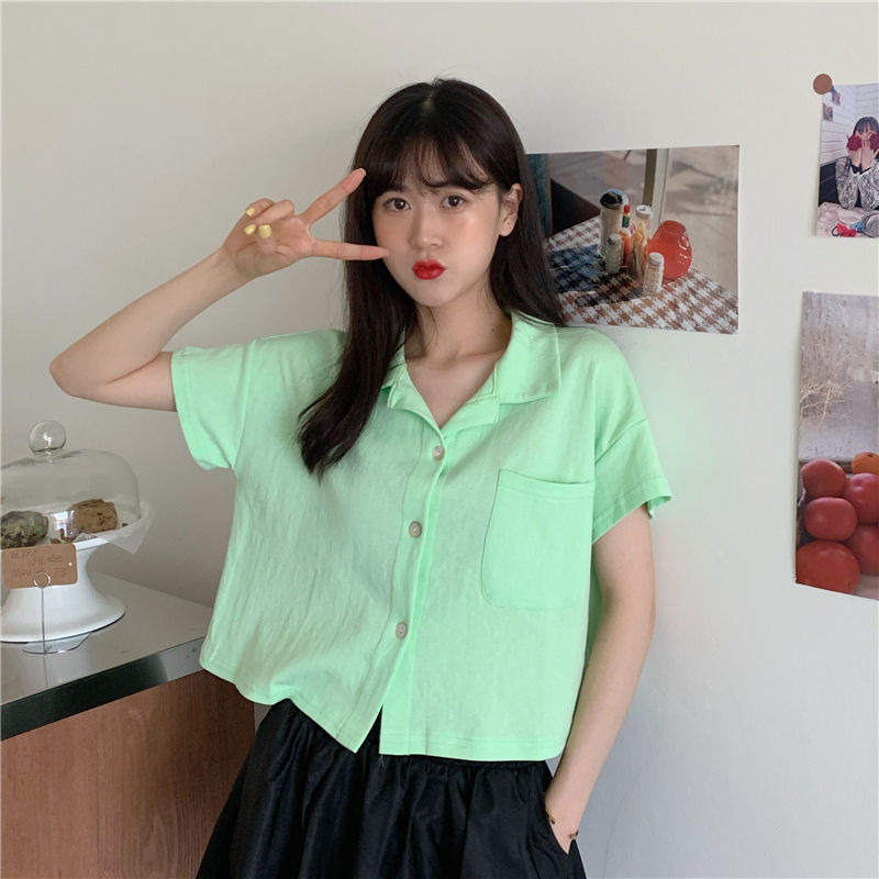 2021夏季新款韩版宽松短袖t恤女POLO领百搭学生短款单排扭扣女装 绿色 L