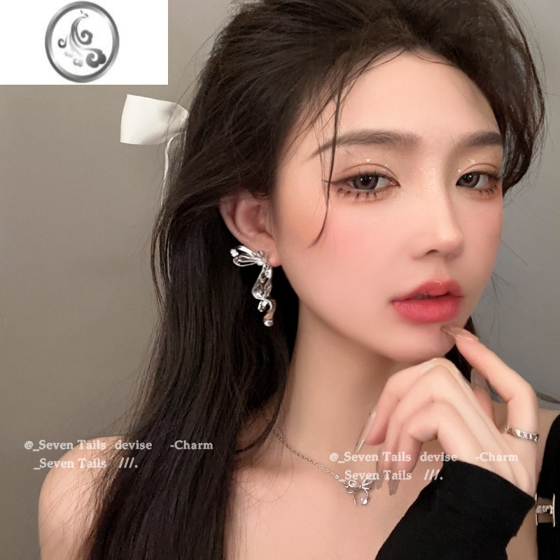JiMi甜辣风金属半边蝴蝶结耳环女个性夸张长款冷淡风耳钉网红新款耳饰