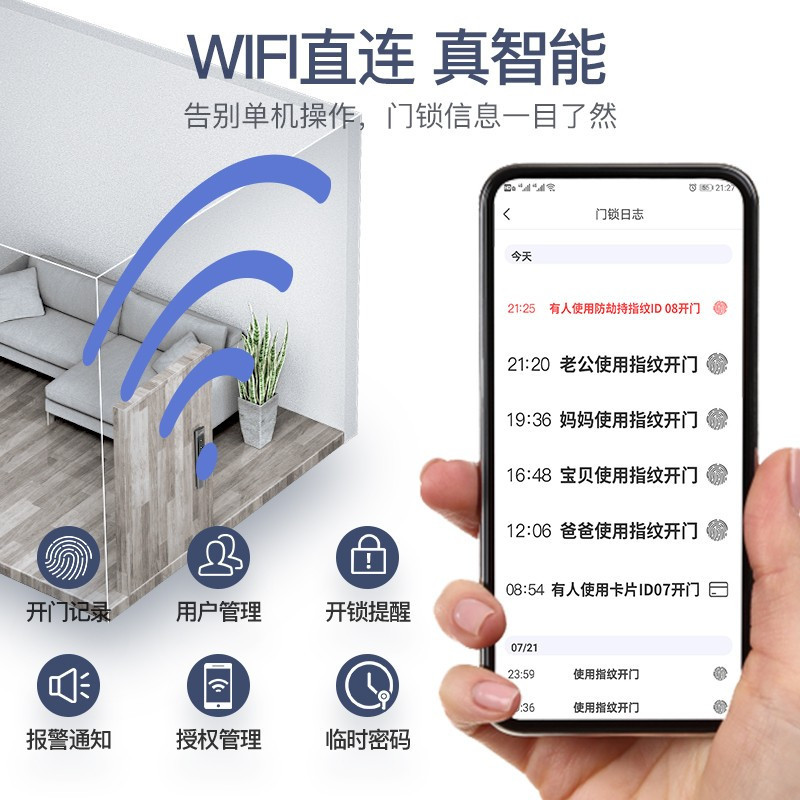 TCL指纹锁K7V智能锁家用密码锁智能生态电子锁推拉式全自动C级锁芯 [自动款K7V]WIFI联网+一触即开