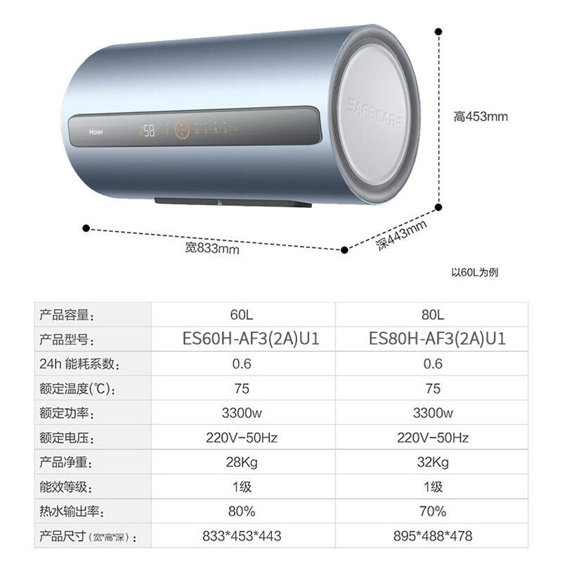 Haier/海尔电热水器80升ES80H-AF3(2A)U1 3300W变频速热 预约洗浴 WIFI控制 零垢免清洁