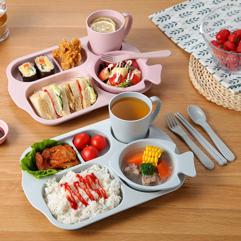 儿童餐盘套装幼儿园午餐盘分格吃饭盘子卡通宝宝餐具-带图案北欧粉6件套