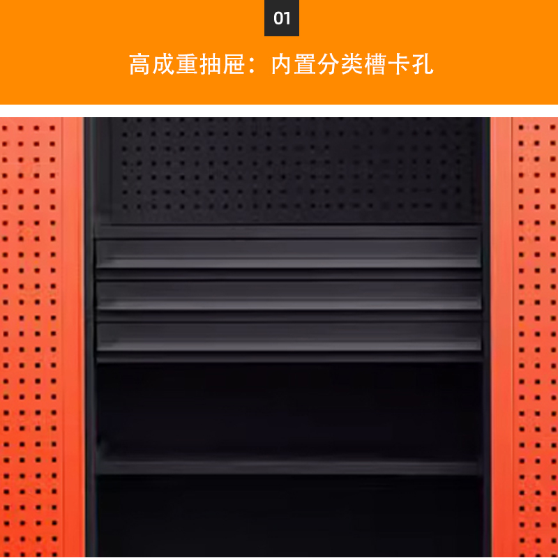 汉诺鑫威重型工具柜车间用加厚物件工具储物柜工厂铁皮柜汽修厂零件收纳柜橘色三层三抽带挂板高清大图